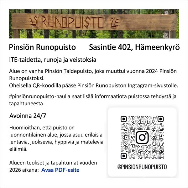 Pinsiön Runopuisto 2026 – ITE-taidetta, runoja ja veistoksia.
