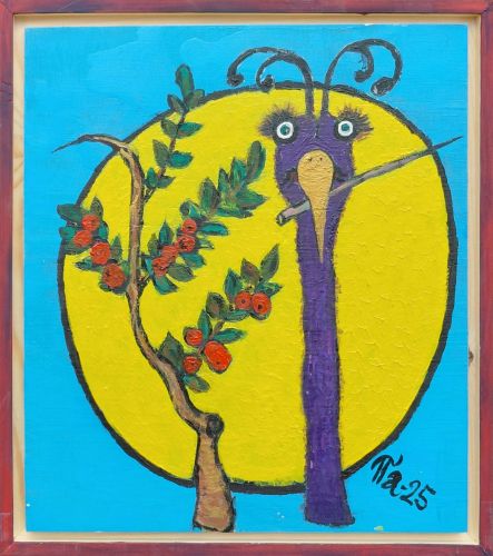 Latvasta laho vaan hyvät hedelmät sanoi lintu ku jäi kiinni verekseltääna (2025) • Akryylimaalaus puulevylle • 41 x 38 cm • Hinta: 180 €