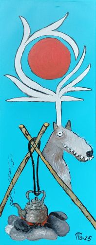 Poro kahvilla II (2025) • Akryylimaalaus kankaalle • 100 x 40 cm • Hinta: 420 €